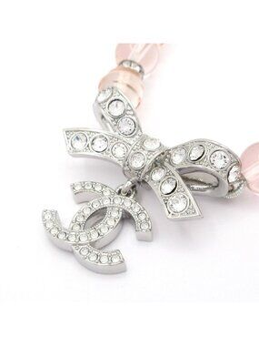Chanel Choker CC Logo Silver Light Pink Clear Ribbon Necklace